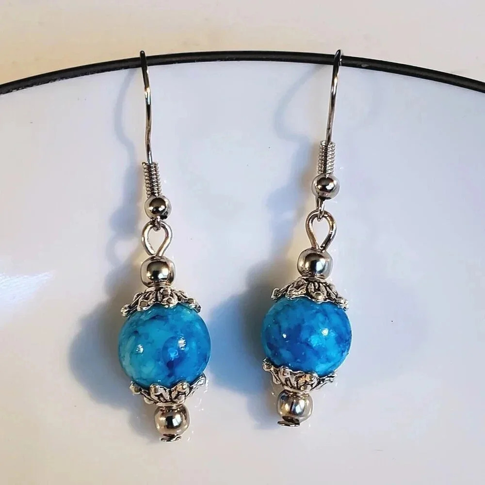 Art Nouveau Mottled Turquoise Blue Glass Beads Antiqued Silver Earrings - Picture 4 of 7